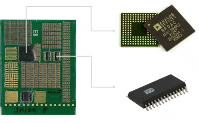 Electrolube populated SIR test board showing BGA and SOIC test sites